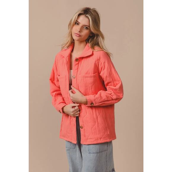 BiBi Quilted Wrinkle Gauze Long Sleeves Chest Pockets Oversized Shacket | Coral - Picture 5 of 5